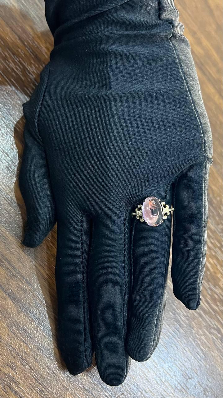 Oval Cabochon Pink Violet Amethyst 14K Diamond Statement Unique Ring
