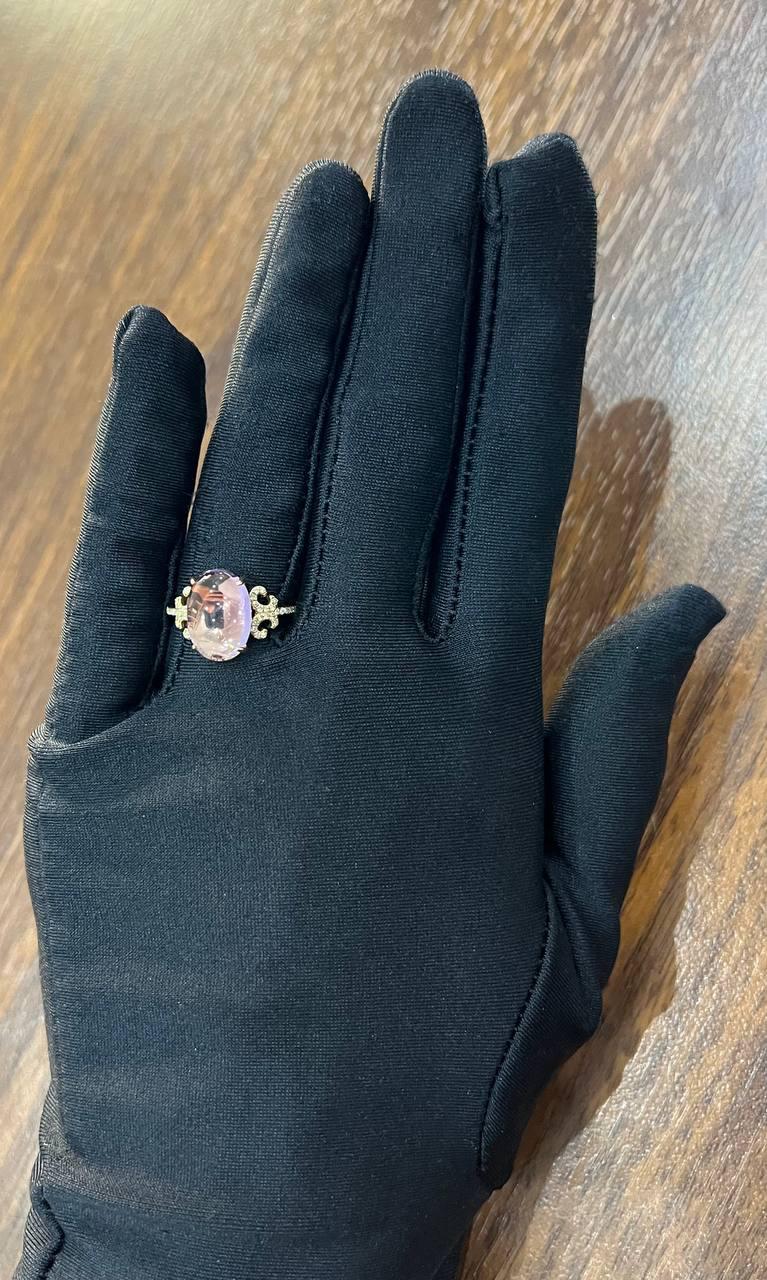 Oval Cabochon Pink Violet Amethyst 14K Diamond Statement Unique Ring