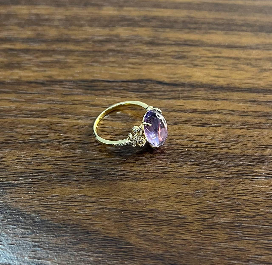 Oval Cabochon Pink Violet Amethyst 14K Diamond Statement Unique Ring