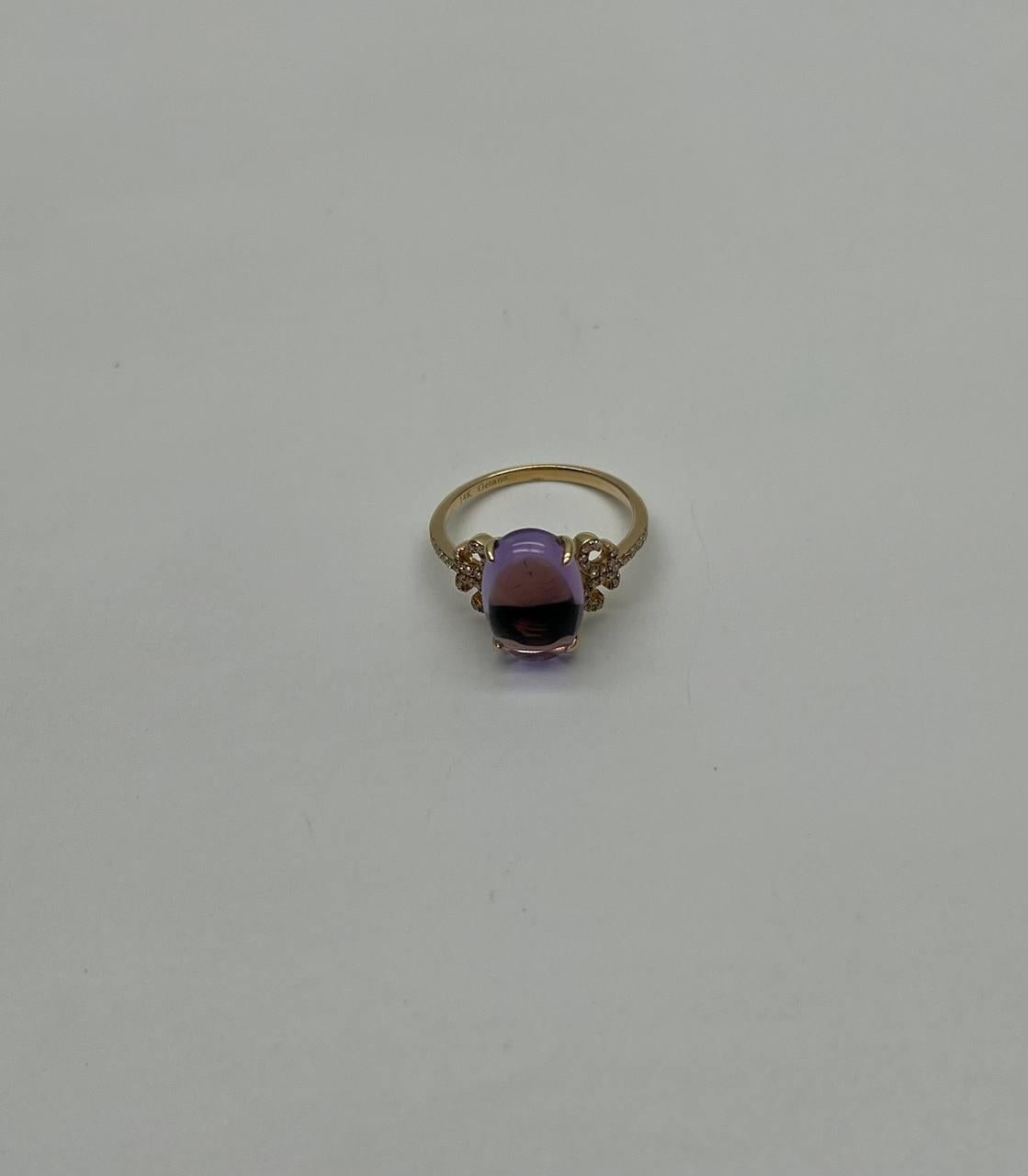 Oval Cabochon Pink Violet Amethyst 14K Diamond Statement Unique Ring