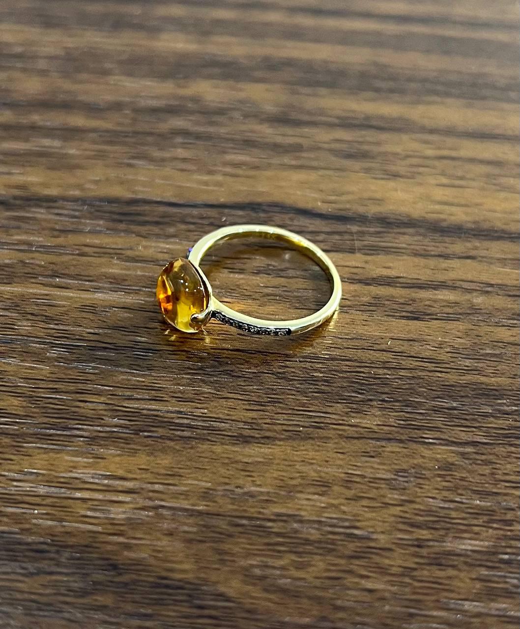 Cushion Cabochon Orange Brown Citrine Diamond 14K Gold Statement Minimalist Ring