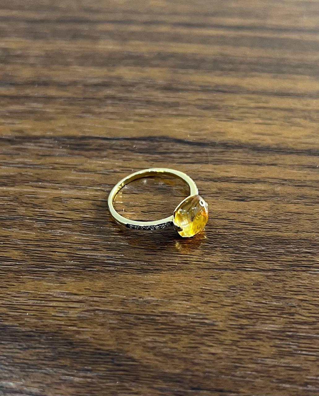 Cushion Cabochon Orange Brown Citrine Diamond 14K Gold Statement Minimalist Ring