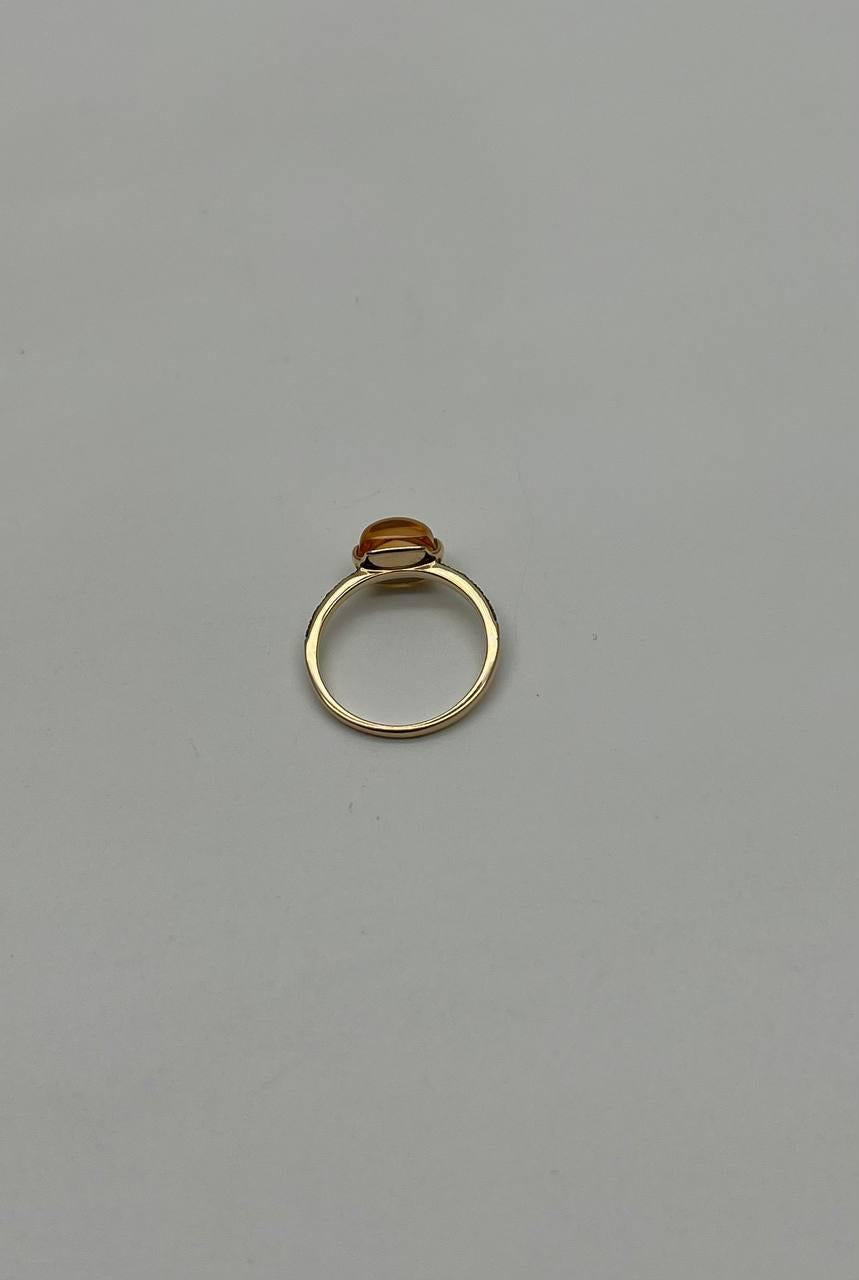 Cushion Cabochon Orange Brown Citrine Diamond 14K Gold Statement Minimalist Ring