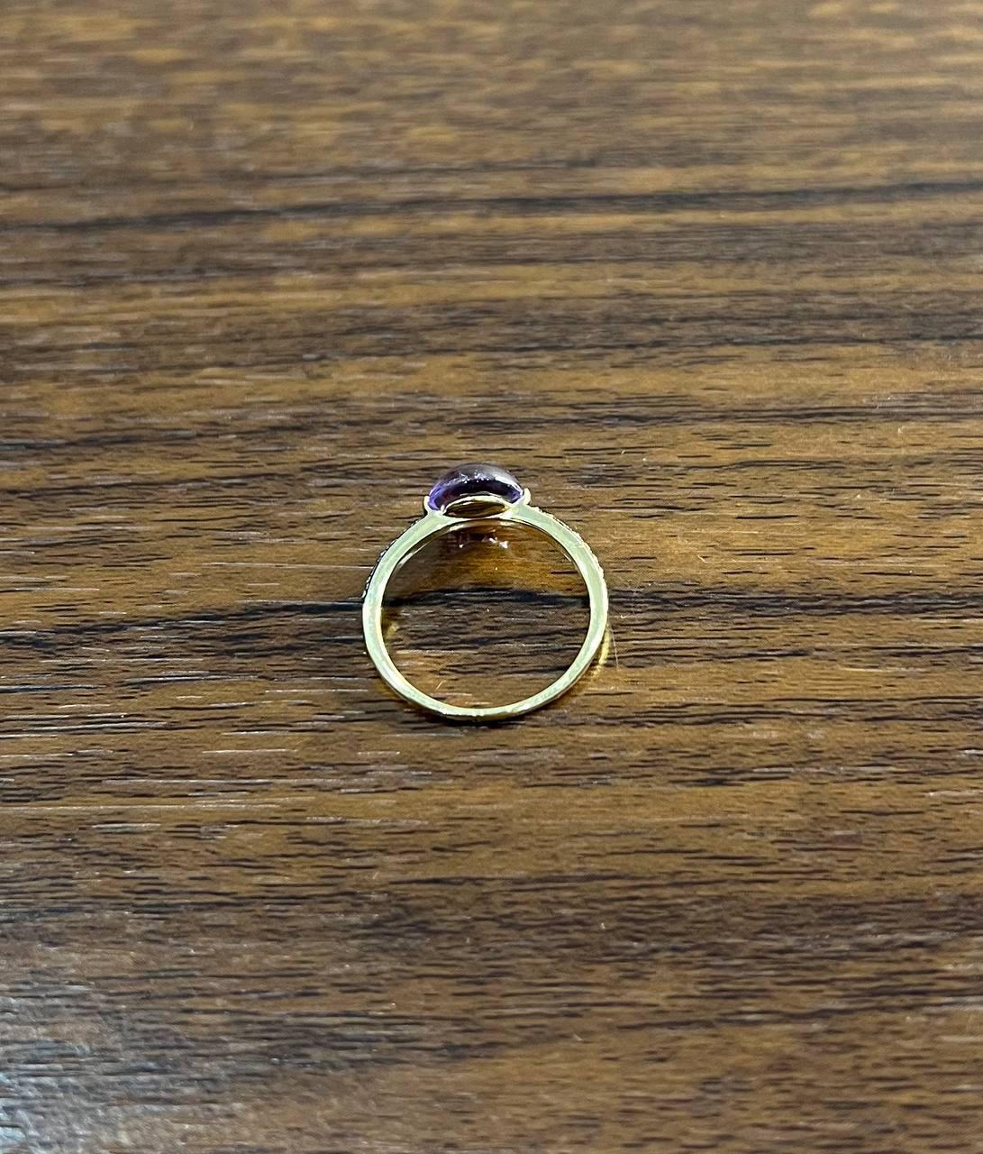 Round Cabochon Pink Violet Purple Amethyst Diamond 14K Gold Statement Ring