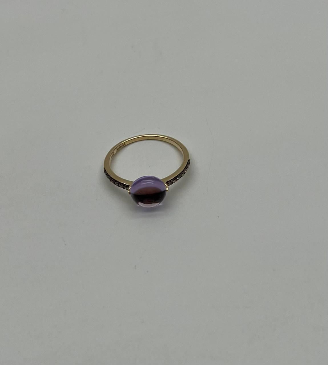 Round Cabochon Pink Violet Purple Amethyst Diamond 14K Gold Statement Ring