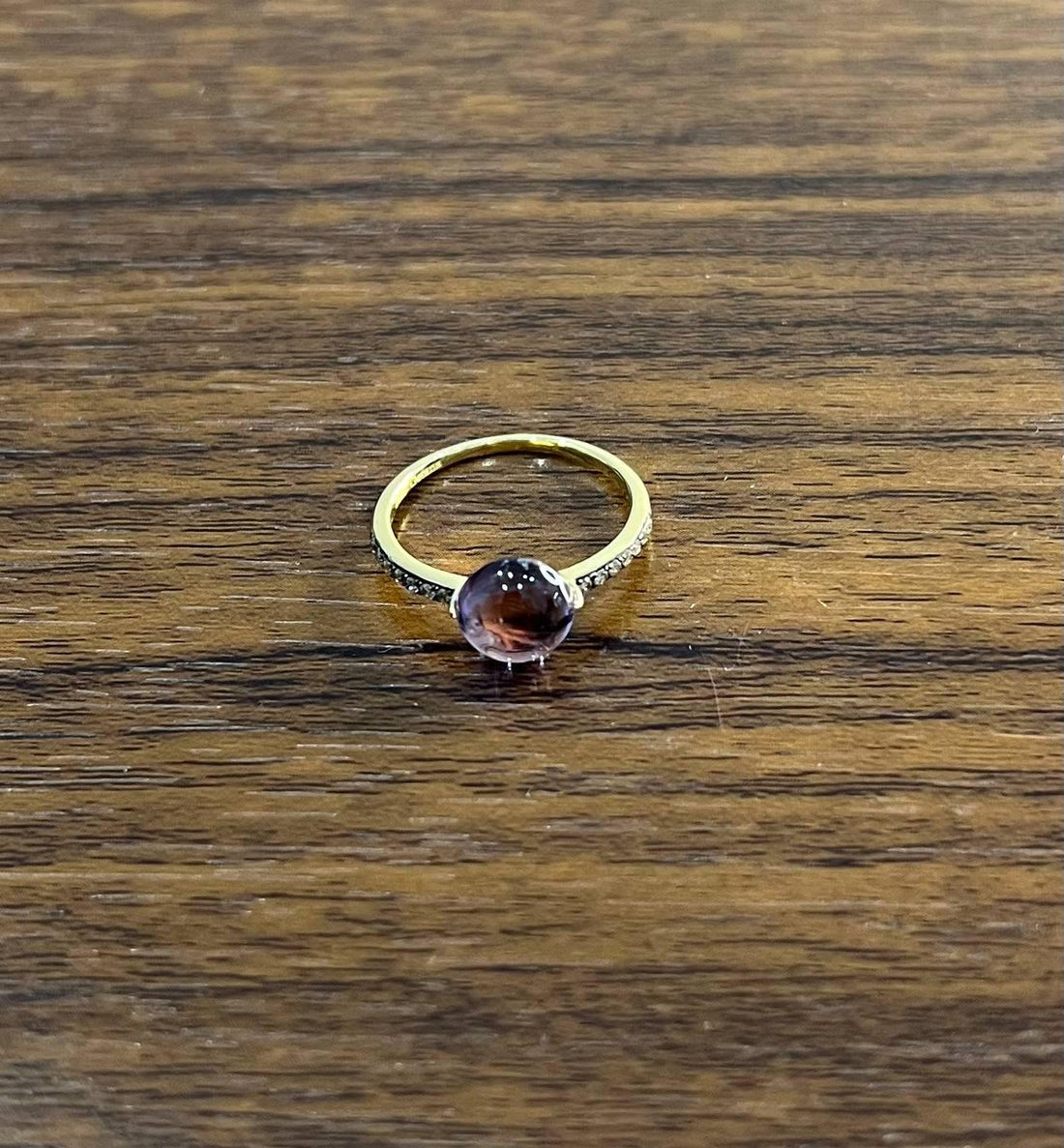 Round Cabochon Pink Violet Purple Amethyst Diamond 14K Gold Statement Ring