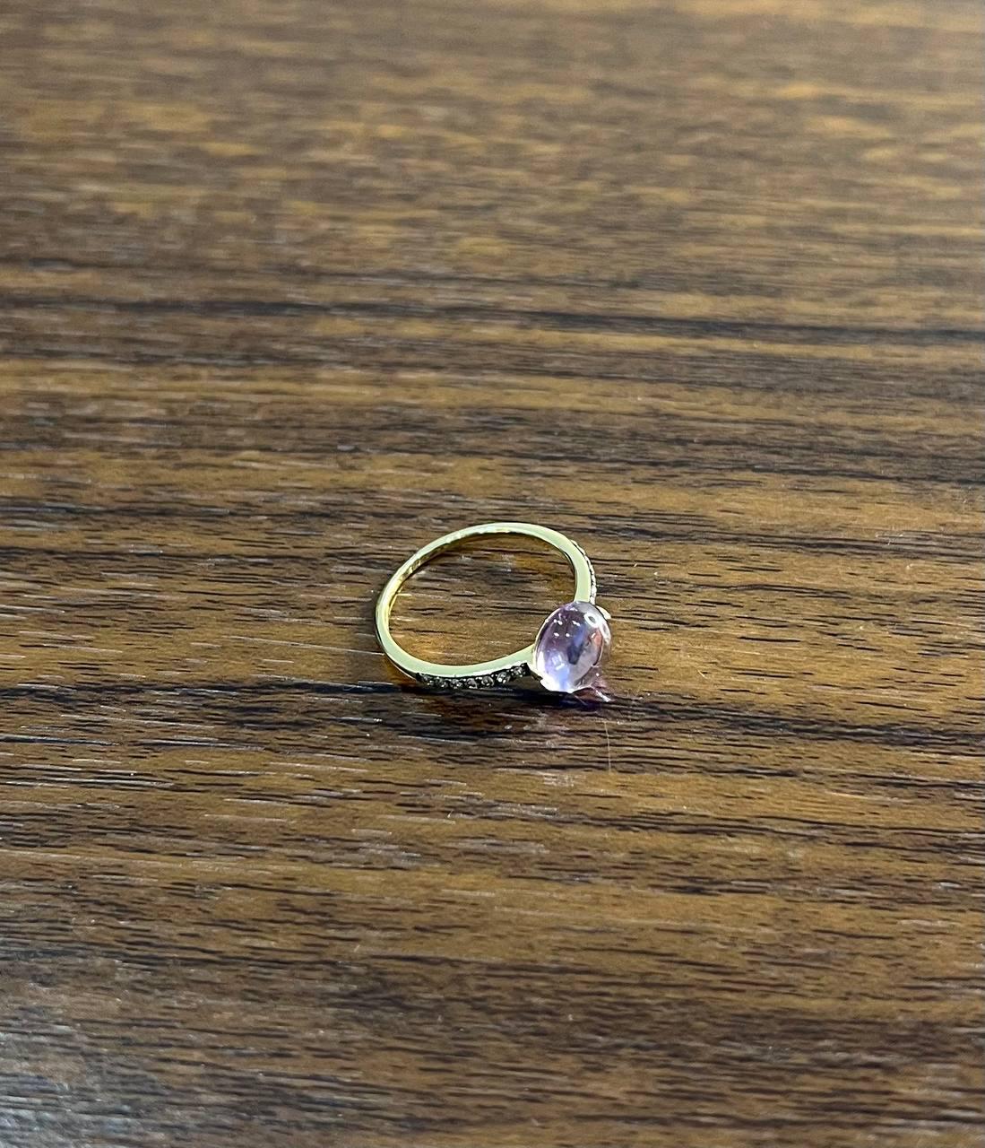 Round Cabochon Pink Violet Purple Amethyst Diamond 14K Gold Statement Ring