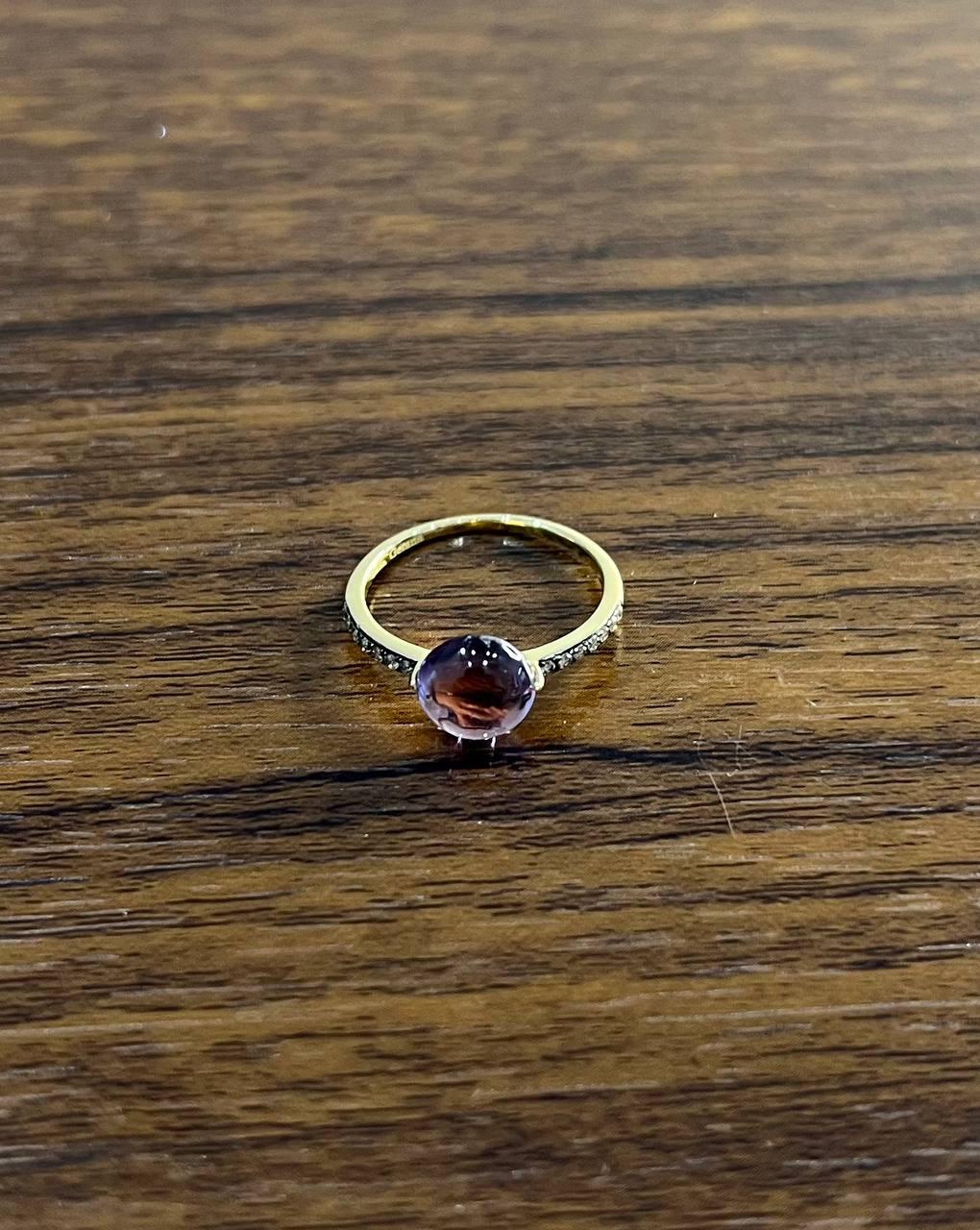 Round Cabochon Pink Violet Purple Amethyst Diamond 14K Gold Statement Ring