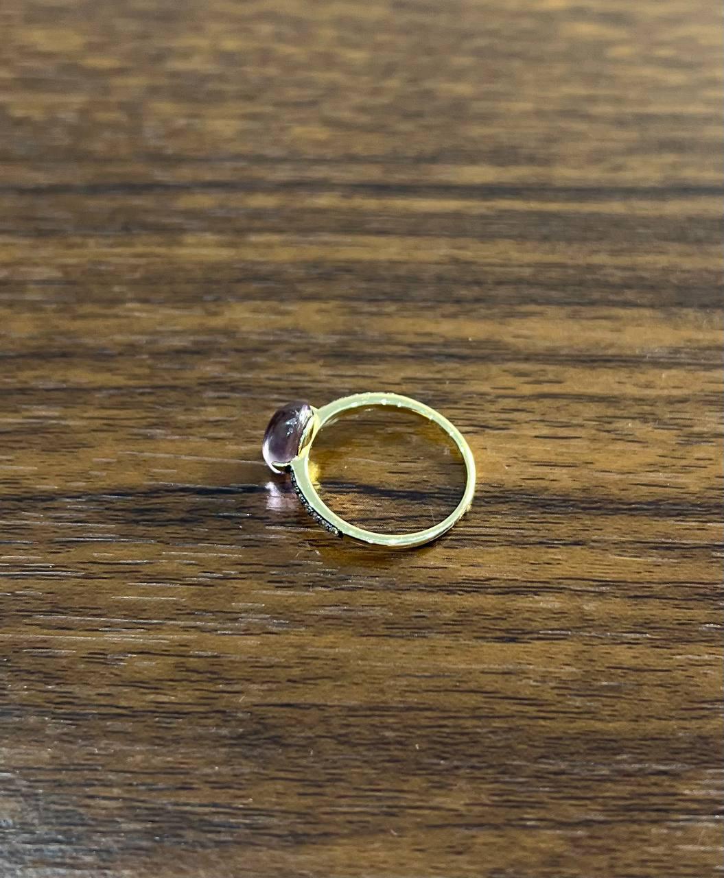 Round Cabochon Pink Violet Purple Amethyst Diamond 14K Gold Statement Ring