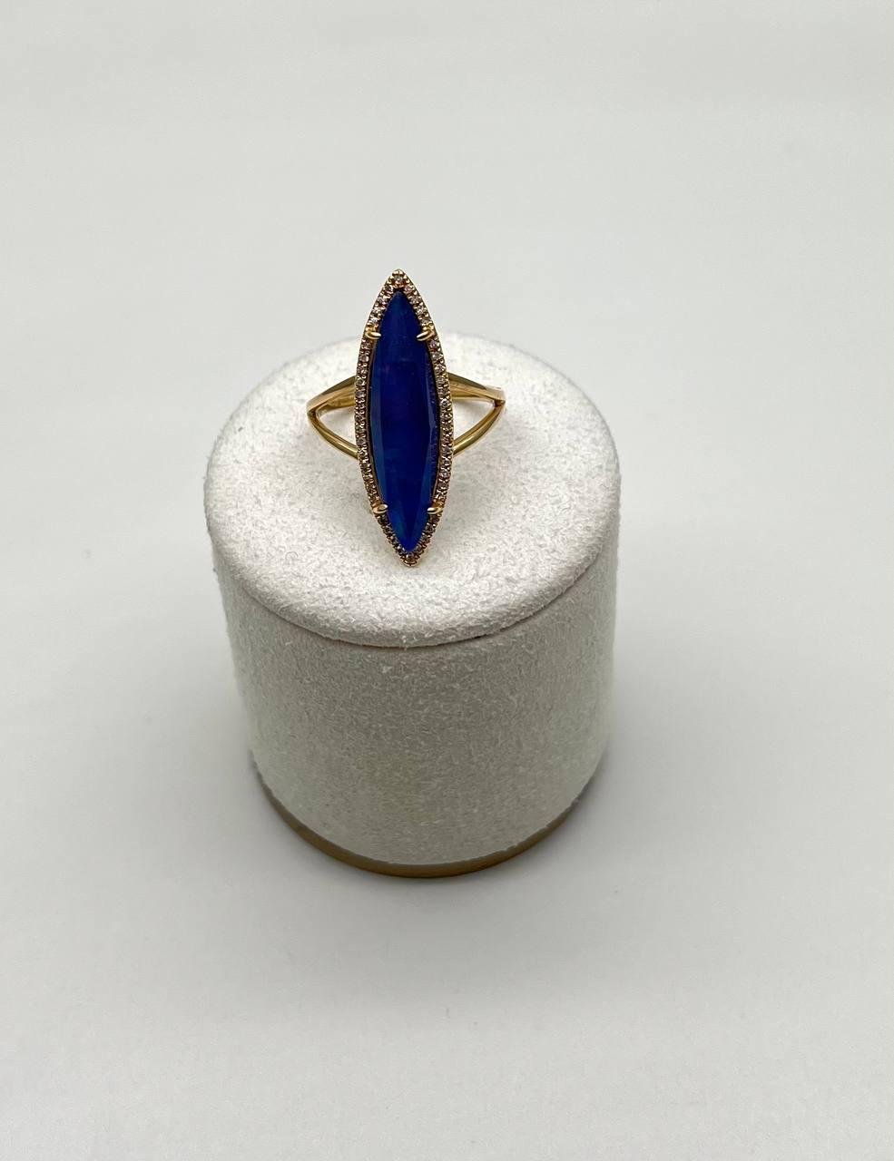 Marquise Shape Dark Blue Lapis Lazuli Cabo 14K Yellow Gold Diamond Halo Set Ring