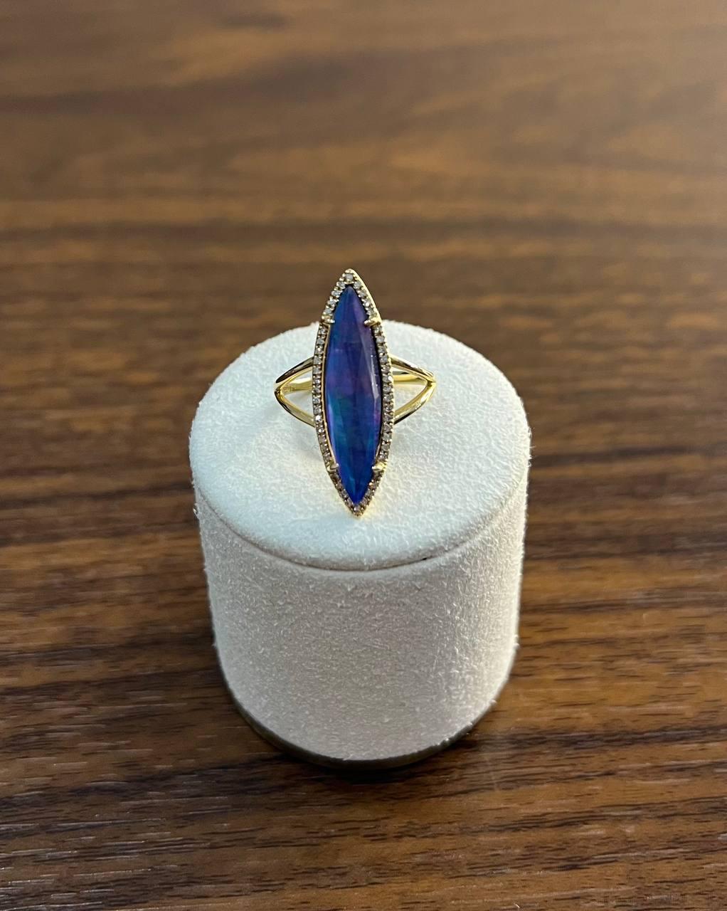 Marquise Shape Dark Blue Lapis Lazuli Cabo 14K Yellow Gold Diamond Halo Set Ring