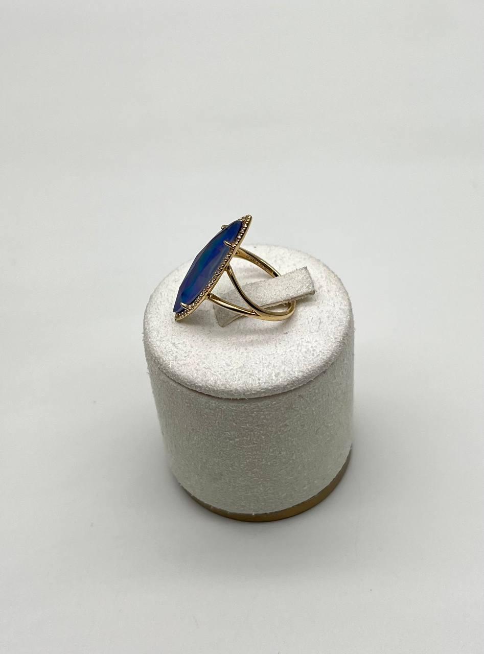 Marquise Shape Dark Blue Lapis Lazuli Cabo 14K Yellow Gold Diamond Halo Set Ring