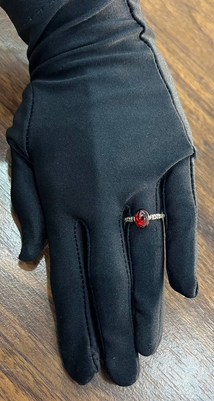 Oval Shape Dark Red Ruby Cabochon 14K Yellow Gold Diamond Accented Cocktail Ring