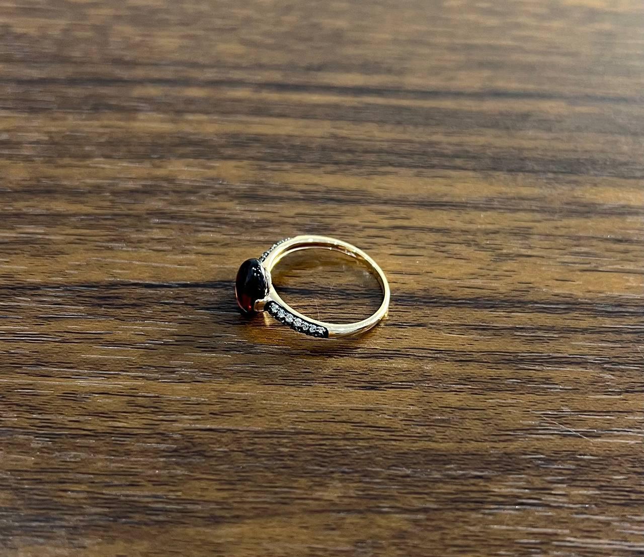 Oval Shape Dark Red Ruby Cabochon 14K Yellow Gold Diamond Accented Cocktail Ring