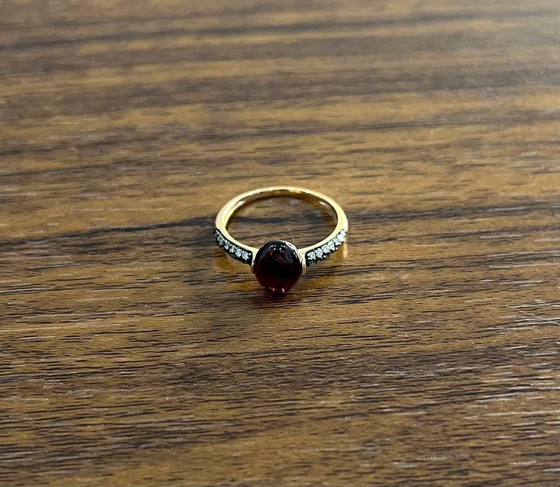 Oval Shape Dark Red Ruby Cabochon 14K Yellow Gold Diamond Accented Cocktail Ring