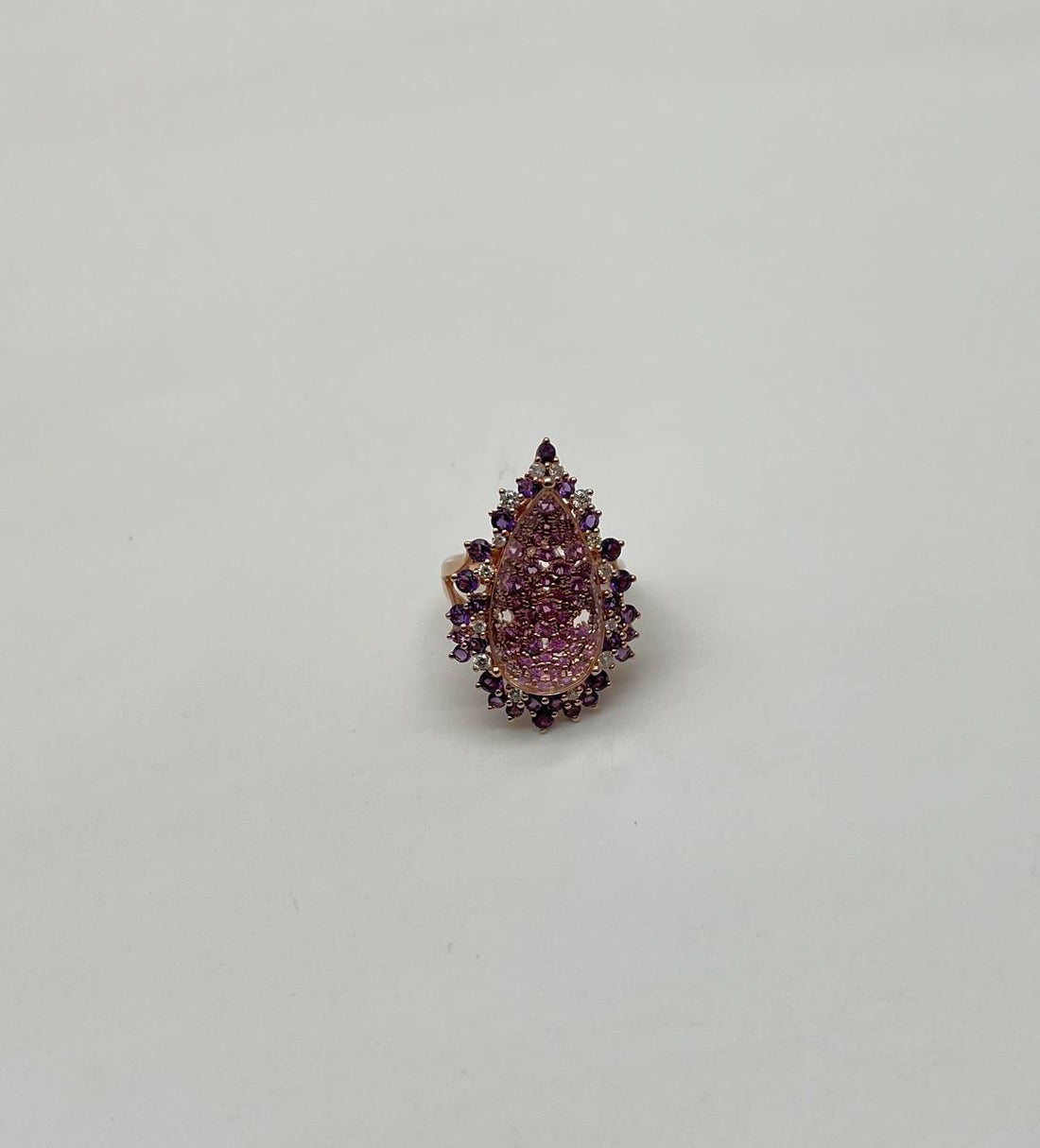 Clear Quartz with Pink Sapphires Purple Amethysts White Diamonds 14K Gold Ring
