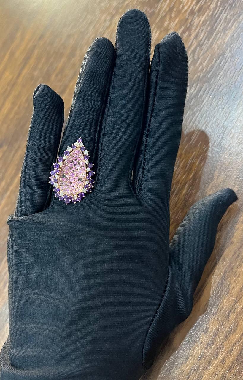 Clear Quartz with Pink Sapphires Purple Amethysts White Diamonds 14K Gold Ring