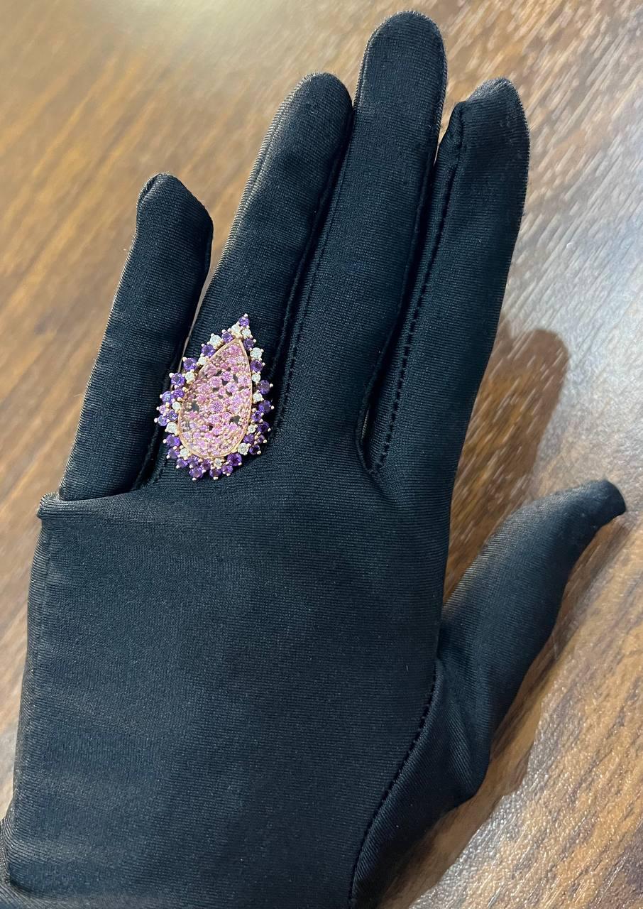 Clear Quartz with Pink Sapphires Purple Amethysts White Diamonds 14K Gold Ring