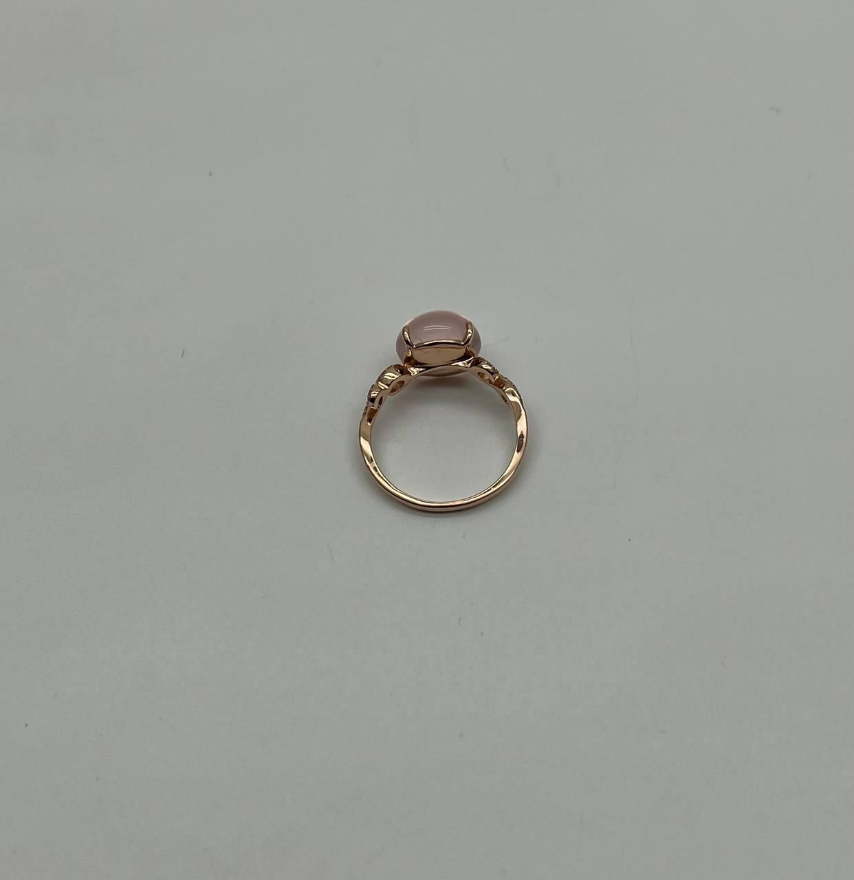 Round Circle Cabochon Pink Rose Quartz 14K Diamond Statement Unique Ring
