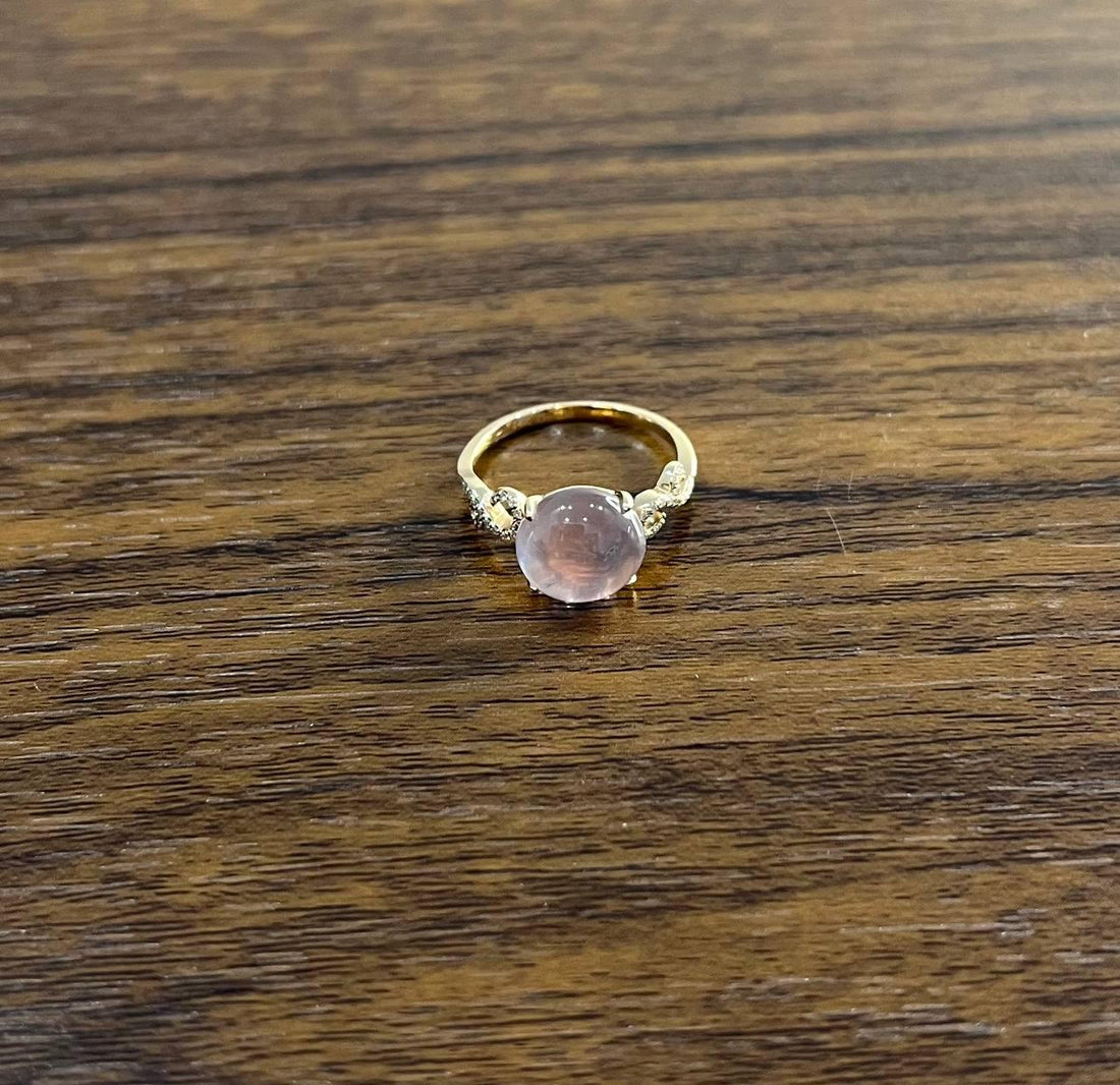Round Circle Cabochon Pink Rose Quartz 14K Diamond Statement Unique Ring