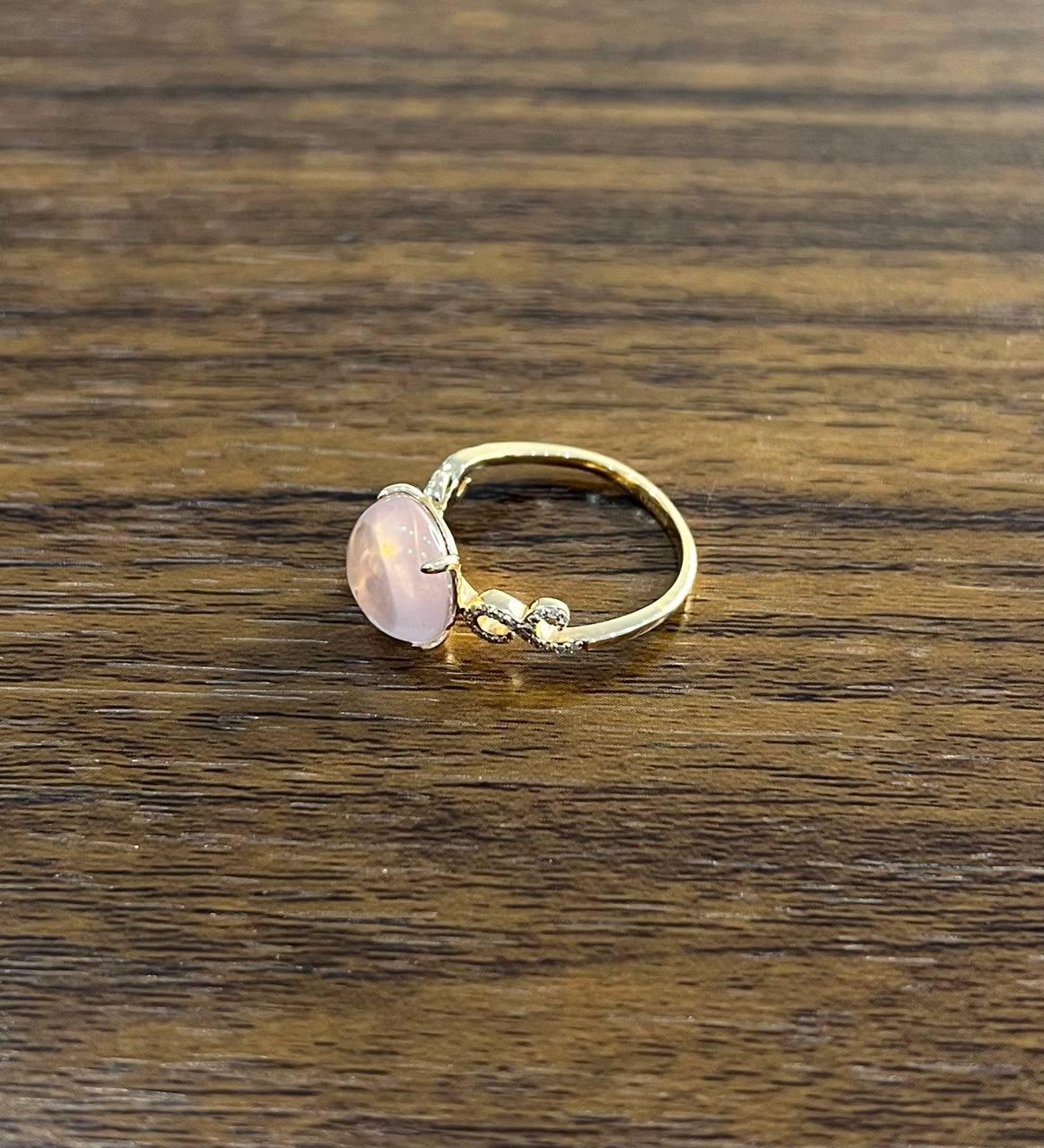 Round Circle Cabochon Pink Rose Quartz 14K Diamond Statement Unique Ring