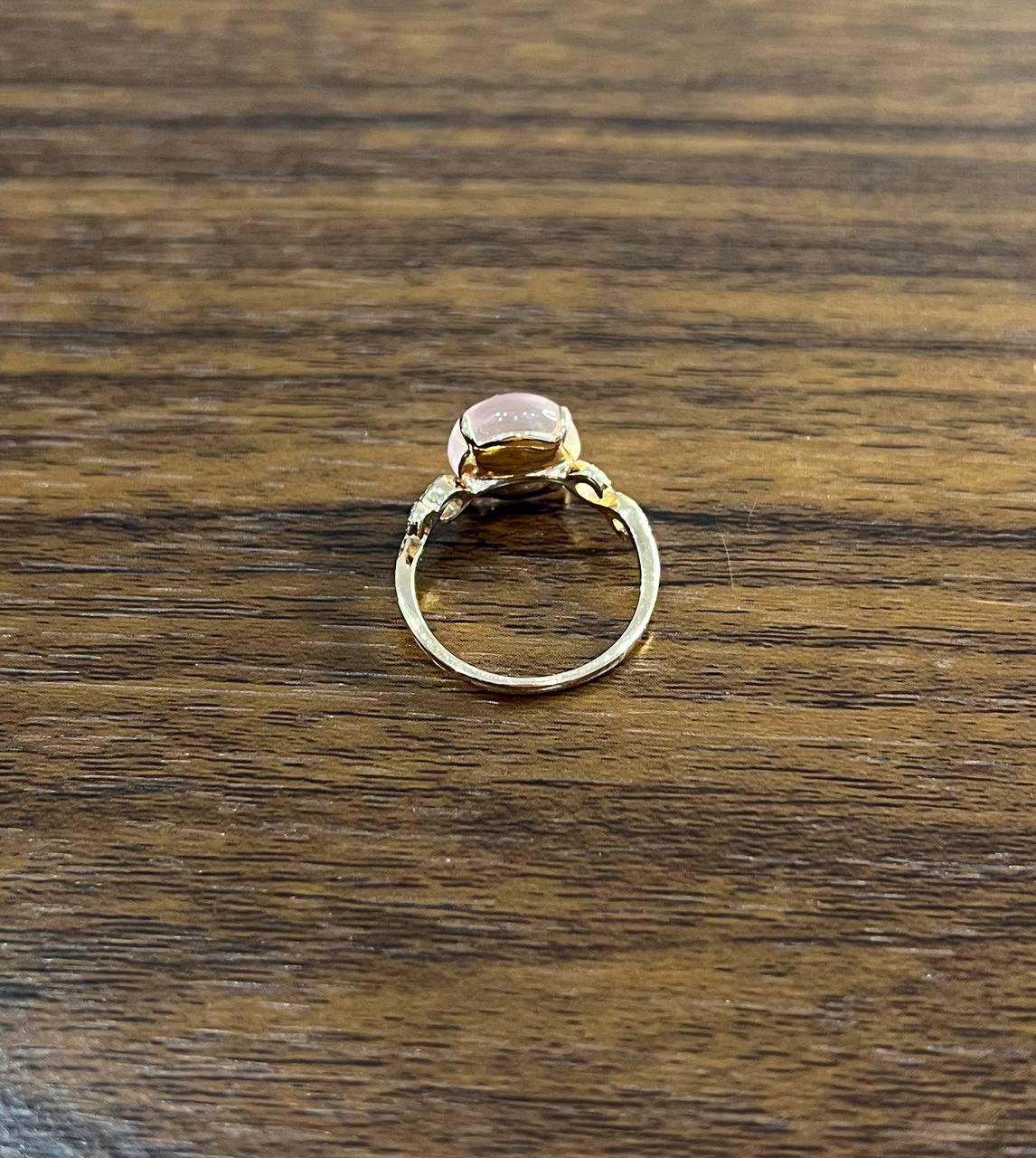 Round Circle Cabochon Pink Rose Quartz 14K Diamond Statement Unique Ring