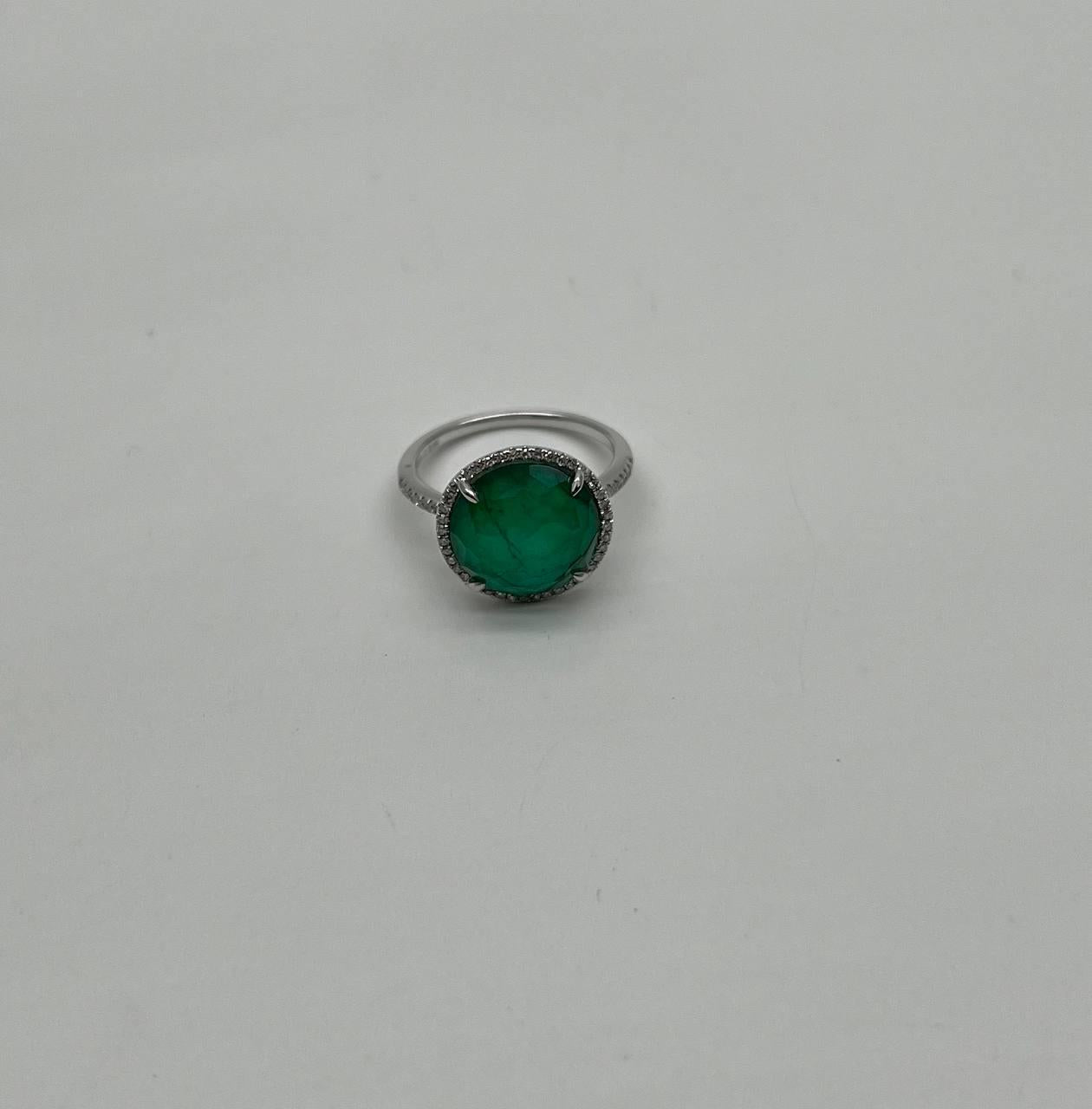 Faceted Green Emerald Cabochon White Diamond 14K White Gold Statement Ring