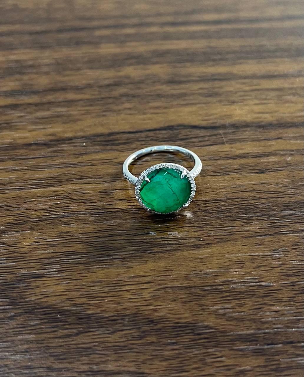Faceted Green Emerald Cabochon White Diamond 14K White Gold Statement Ring