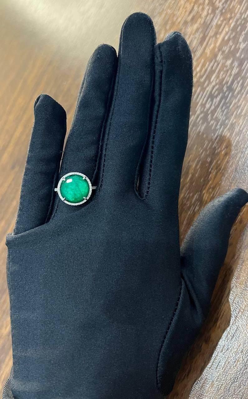 Faceted Green Emerald Cabochon White Diamond 14K White Gold Statement Ring