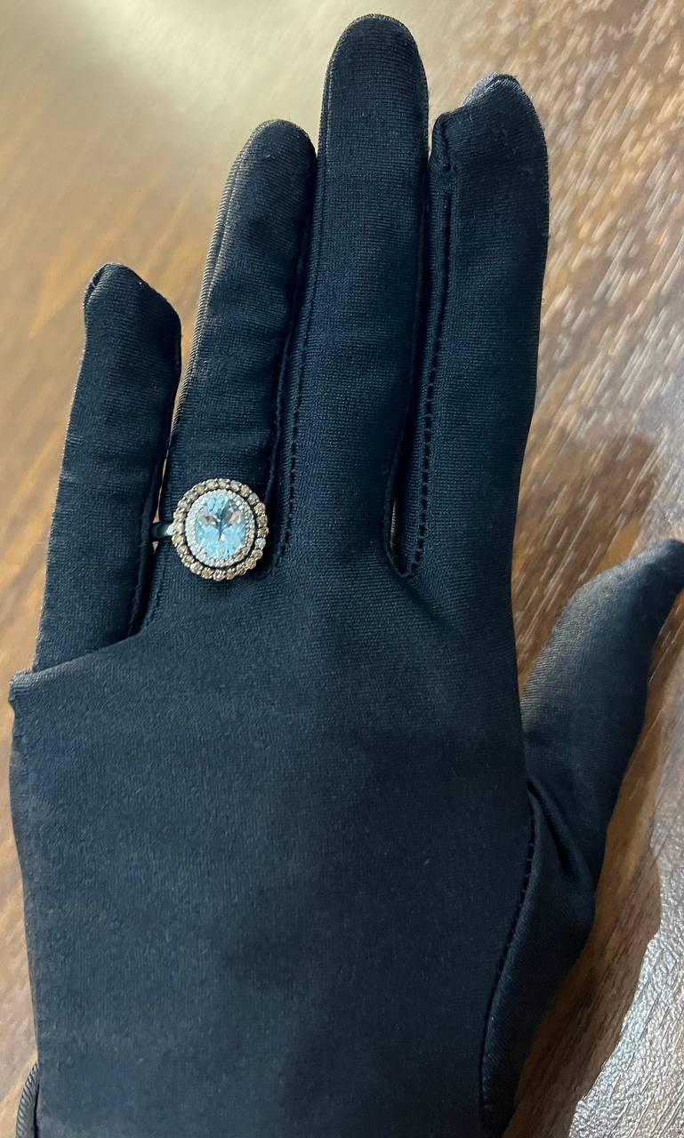 Round Cut Light Blue Aquamarine Diamonds Halo 14K White Gold Statement Ring