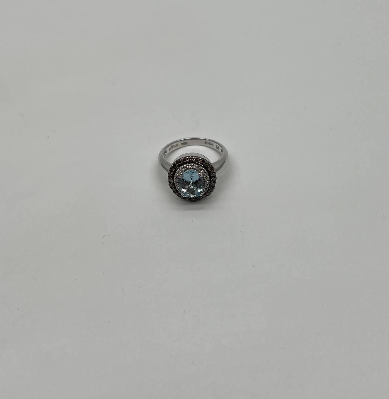 Round Cut Light Blue Aquamarine Diamonds Halo 14K White Gold Statement Ring