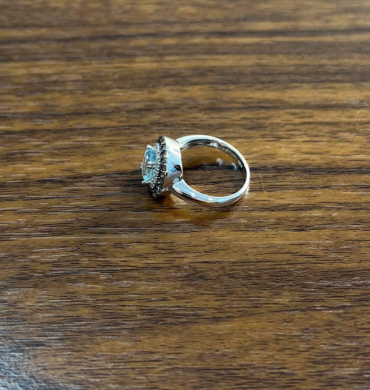 Round Cut Light Blue Aquamarine Diamonds Halo 14K White Gold Statement Ring