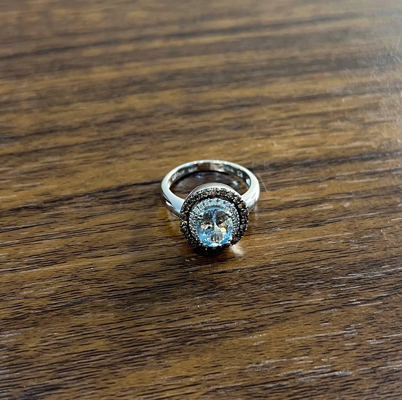 Round Cut Light Blue Aquamarine Diamonds Halo 14K White Gold Statement Ring