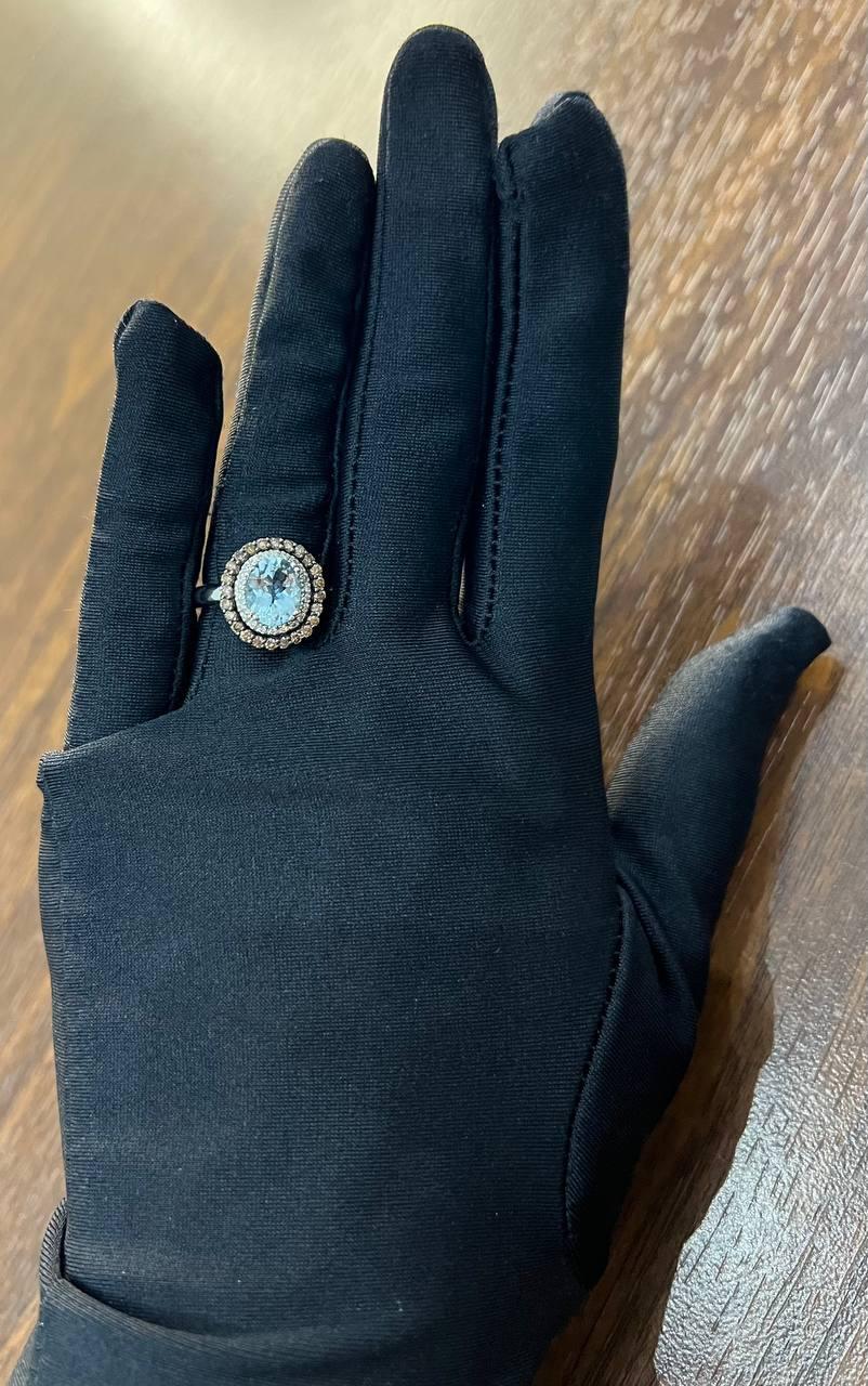 Round Cut Light Blue Aquamarine Diamonds Halo 14K White Gold Statement Ring