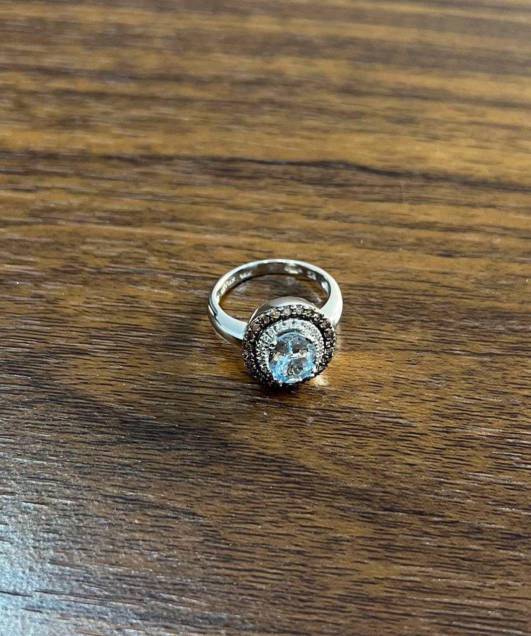 Round Cut Light Blue Aquamarine Diamonds Halo 14K White Gold Statement Ring