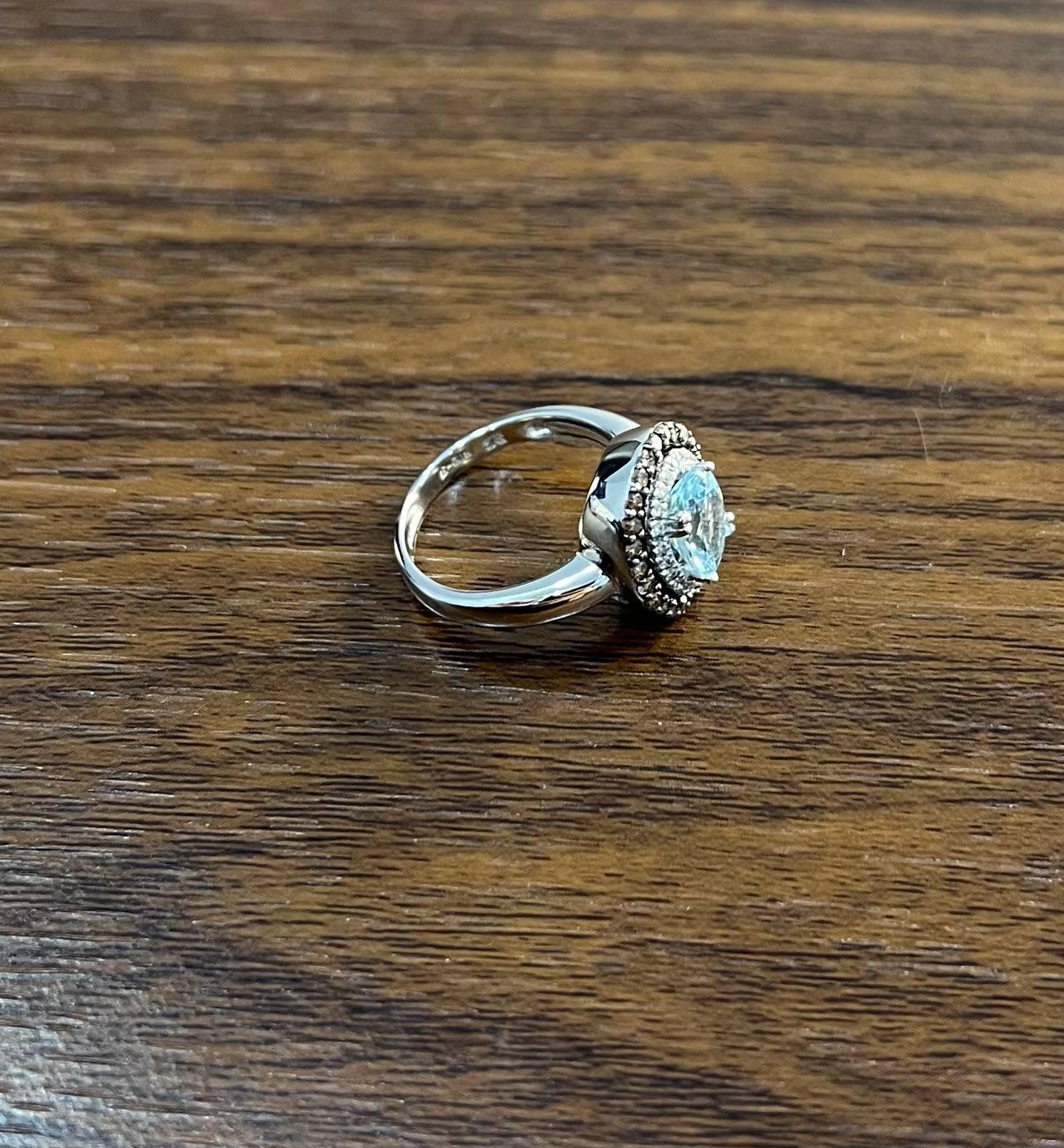 Round Cut Light Blue Aquamarine Diamonds Halo 14K White Gold Statement Ring