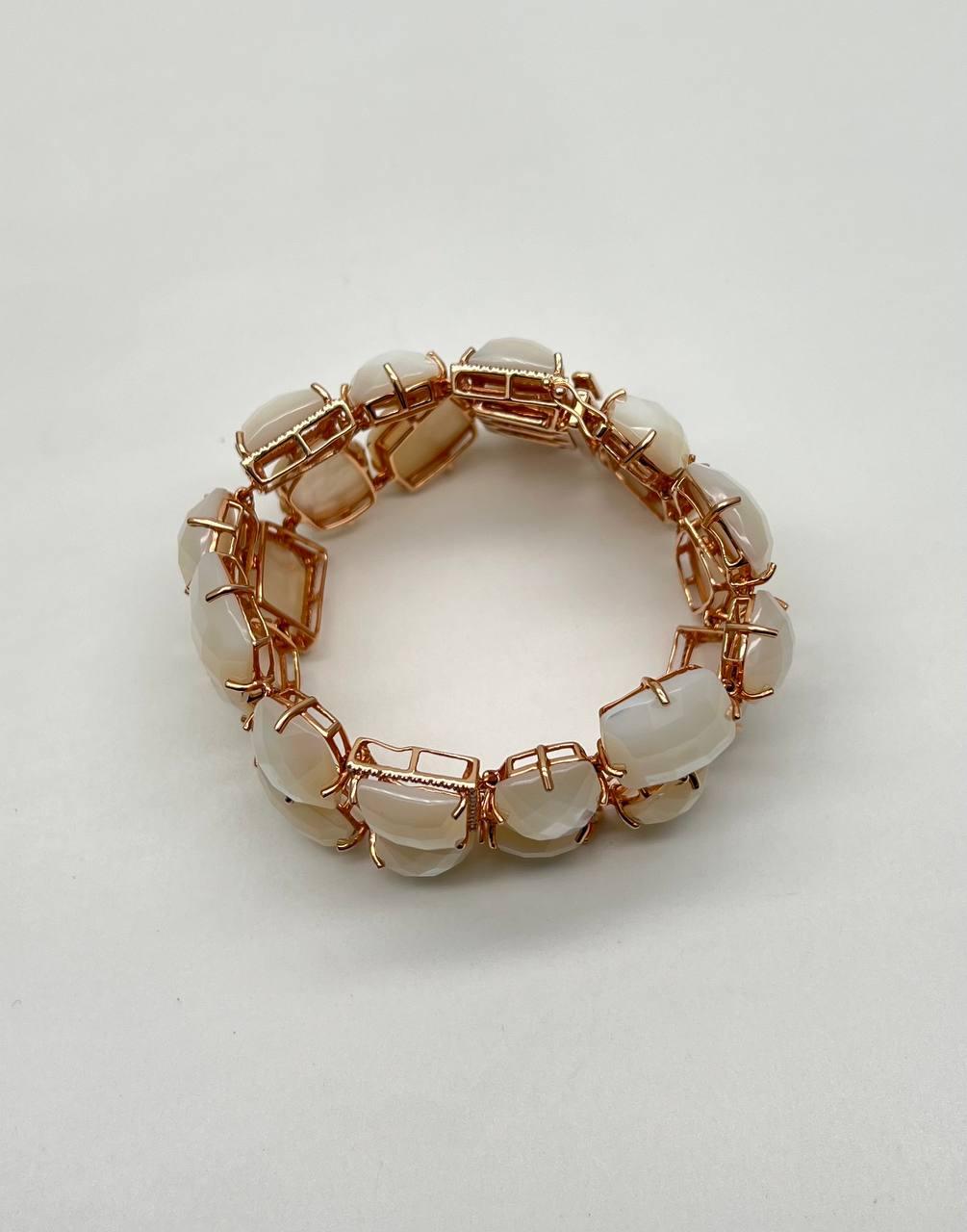 Faceted White Mother of Pearl Diamonds Halo Statement 14K R Gold Bangle Bracelet
