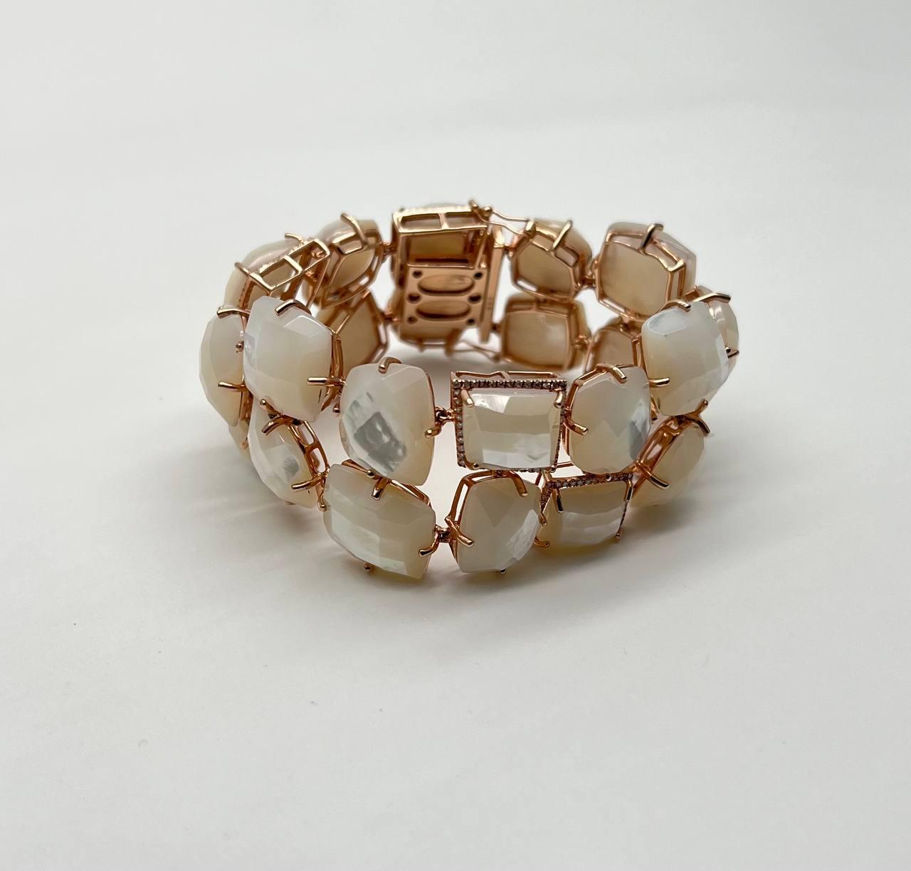 Faceted White Mother of Pearl Diamonds Halo Statement 14K R Gold Bangle Bracelet