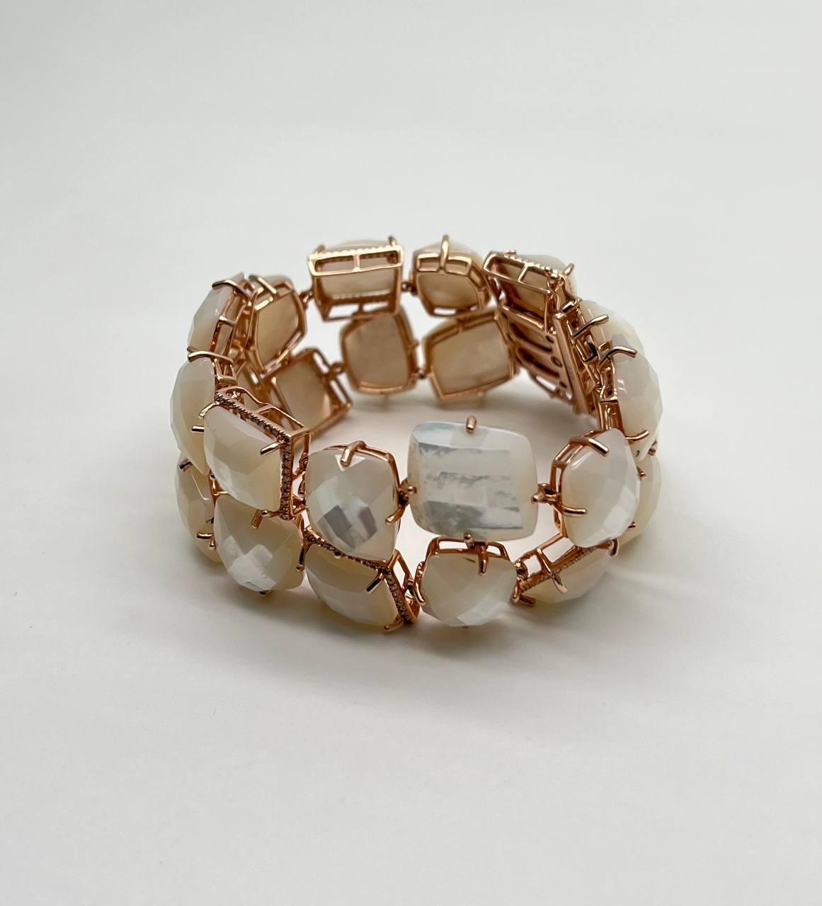 Faceted White Mother of Pearl Diamonds Halo Statement 14K R Gold Bangle Bracelet