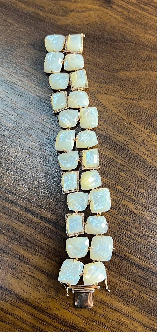 Faceted White Mother of Pearl Diamonds Halo Statement 14K R Gold Bangle Bracelet