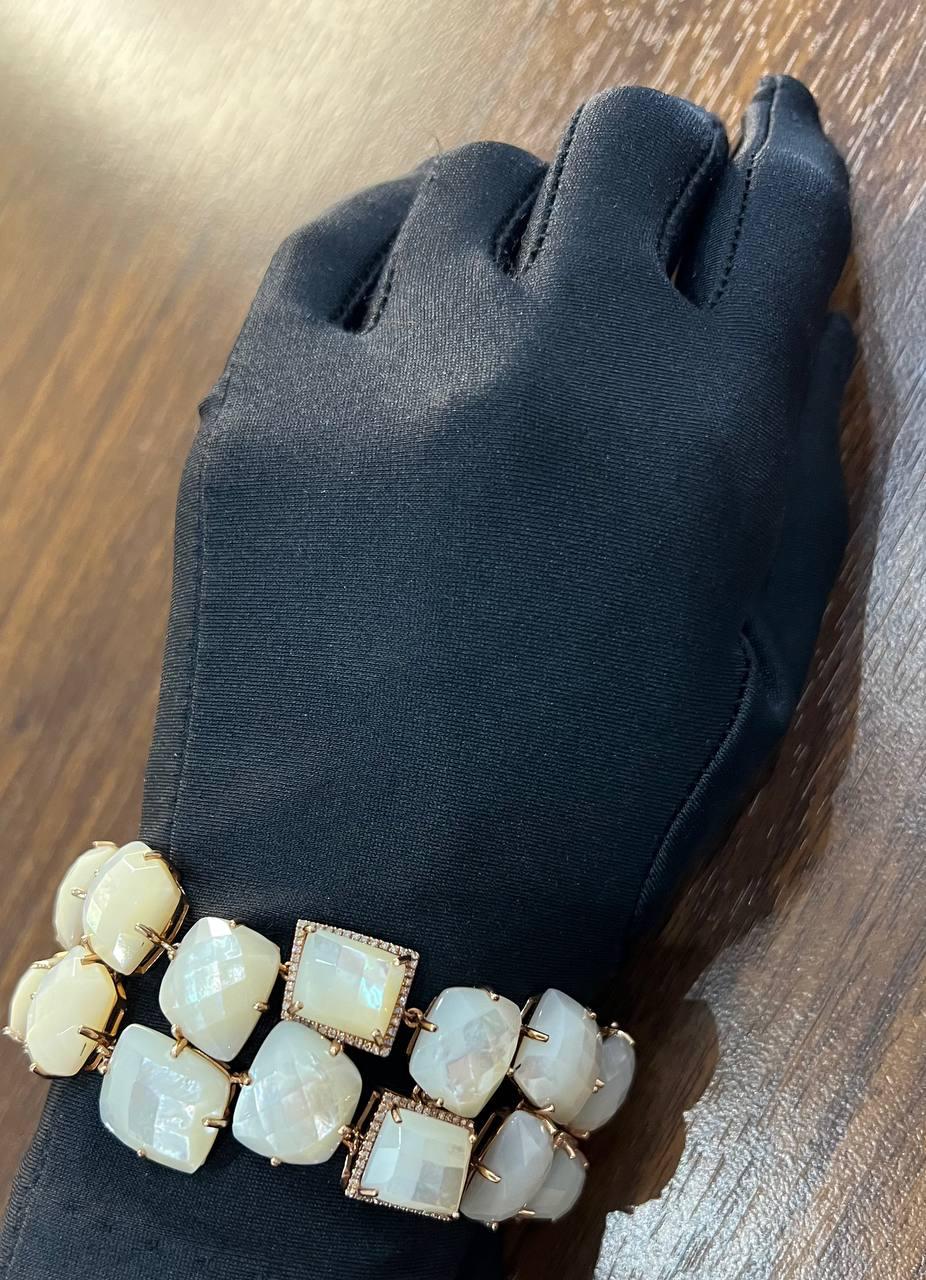 Faceted White Mother of Pearl Diamonds Halo Statement 14K R Gold Bangle Bracelet