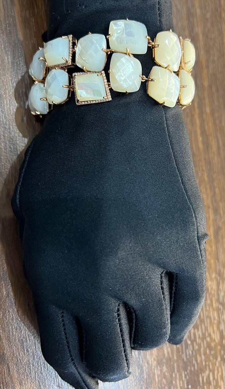 Faceted White Mother of Pearl Diamonds Halo Statement 14K R Gold Bangle Bracelet