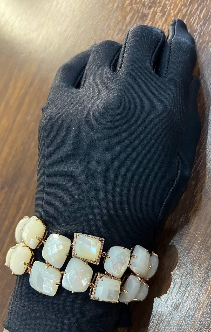 Faceted White Mother of Pearl Diamonds Halo Statement 14K R Gold Bangle Bracelet