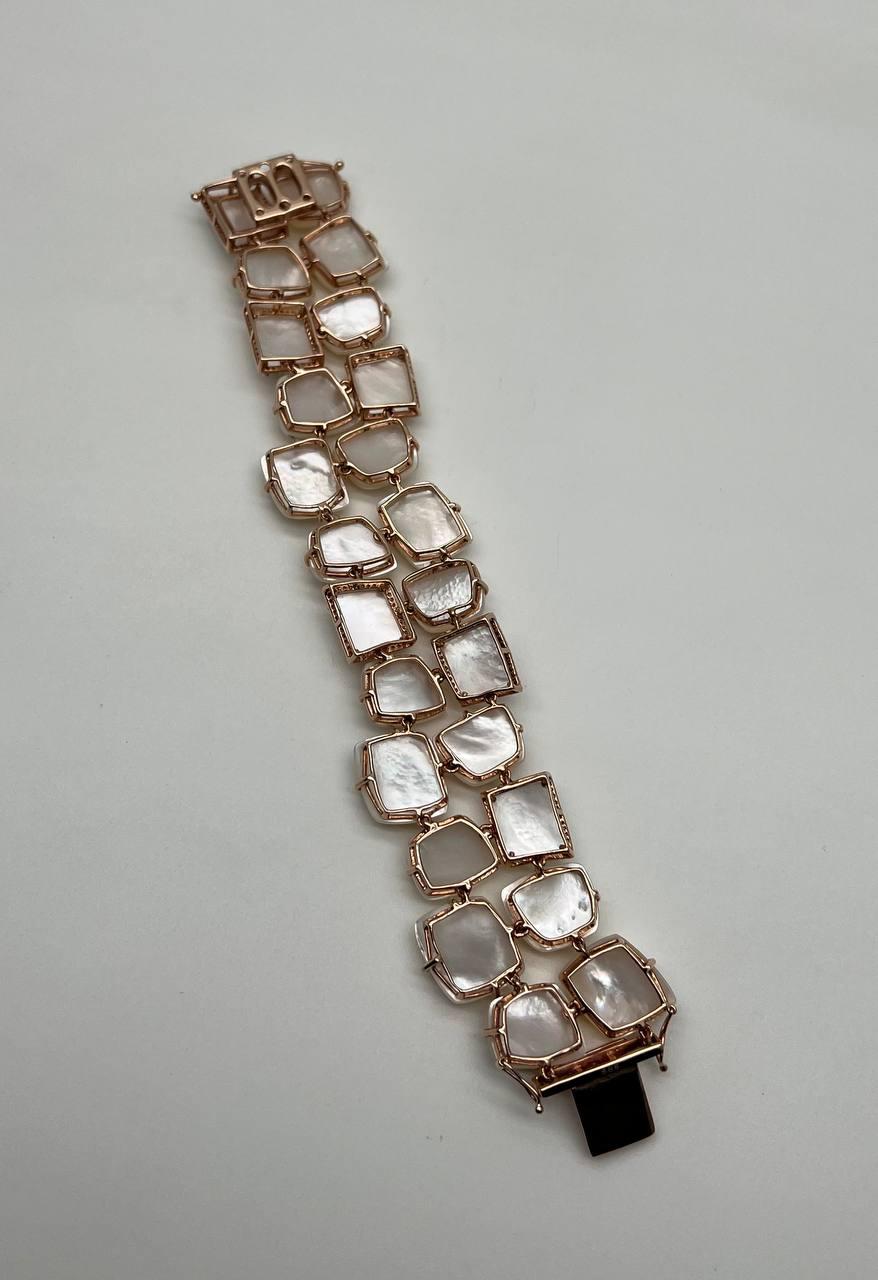 Faceted White Mother of Pearl Diamonds Halo Statement 14K R Gold Bangle Bracelet