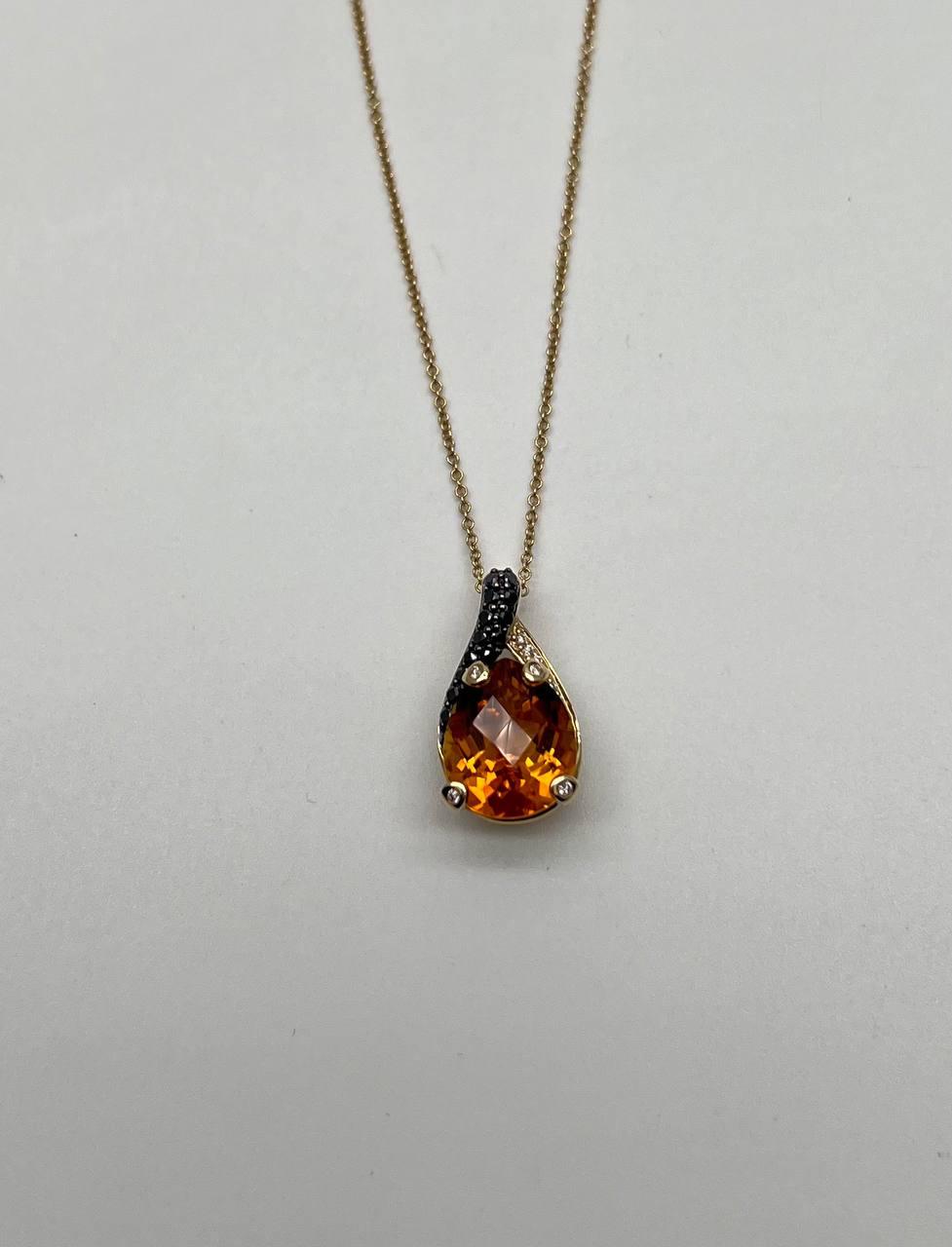 Dark Orange Citrine Tear Drop Shape Diamond Gemstone 14K Gold Pendant Necklace