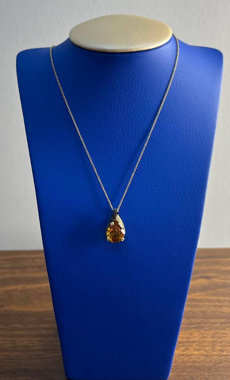 Dark Orange Citrine Tear Drop Shape Diamond Gemstone 14K Gold Pendant Necklace