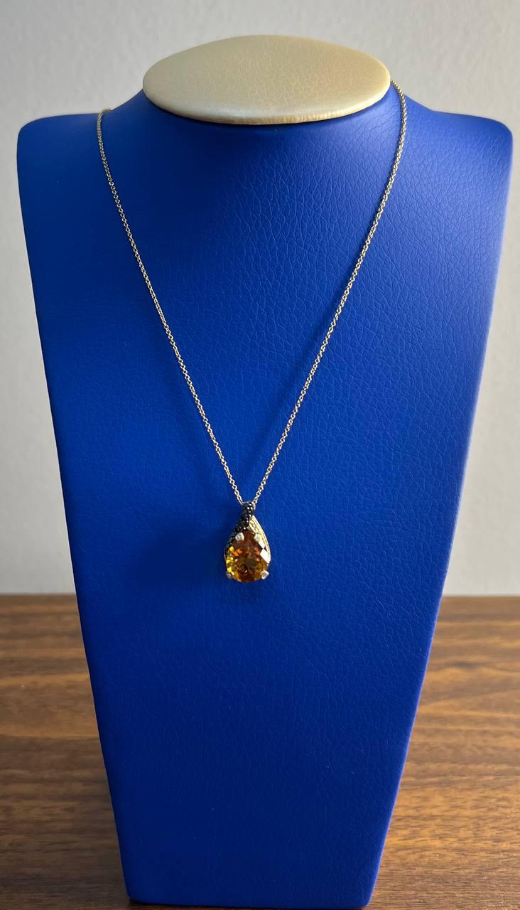Dark Orange Citrine Tear Drop Shape Diamond Gemstone 14K Gold Pendant Necklace
