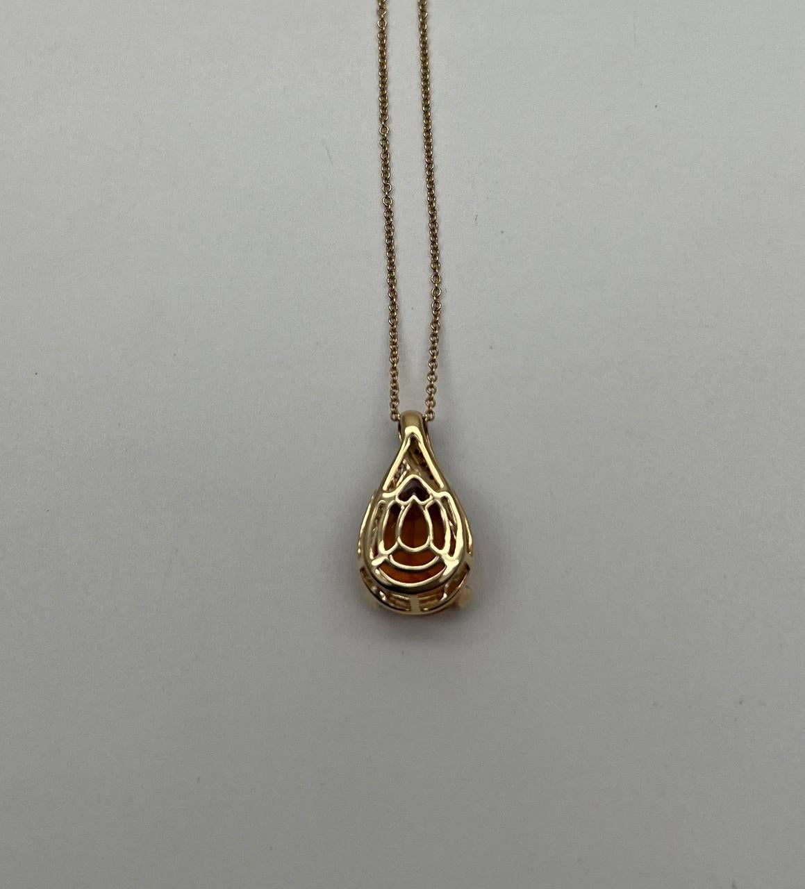 Dark Orange Citrine Tear Drop Shape Diamond Gemstone 14K Gold Pendant Necklace