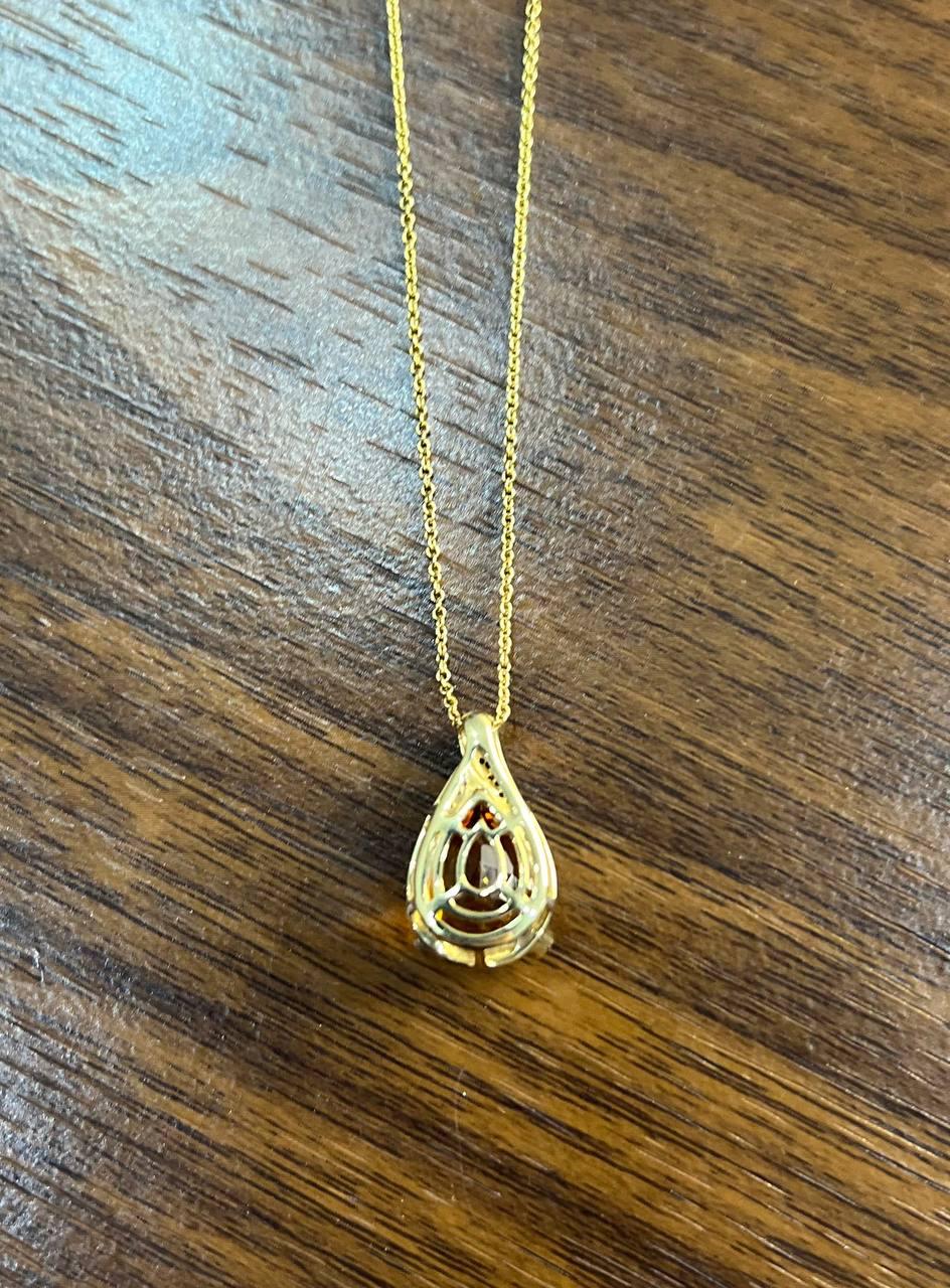 Dark Orange Citrine Tear Drop Shape Diamond Gemstone 14K Gold Pendant Necklace