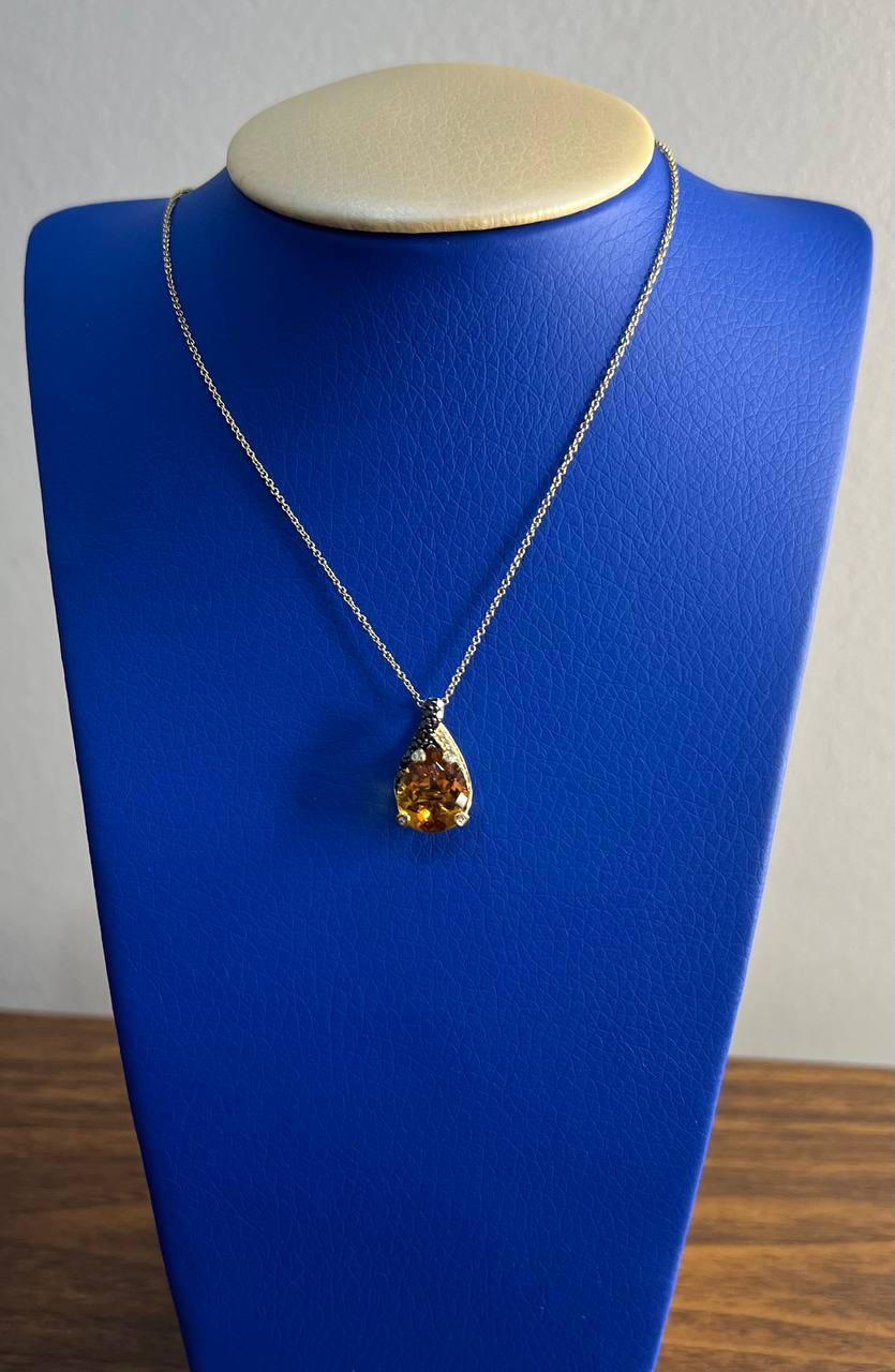 Dark Orange Citrine Tear Drop Shape Diamond Gemstone 14K Gold Pendant Necklace